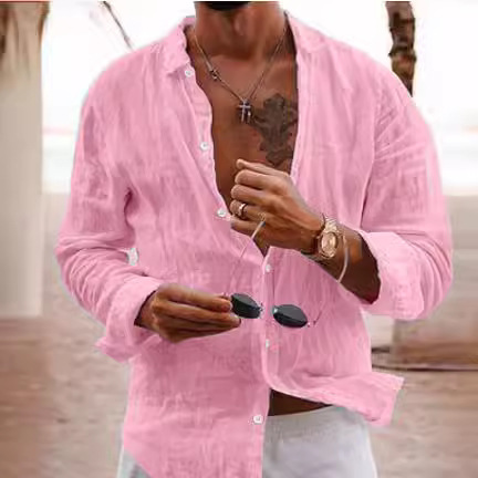 Cross Border 2023 New Men's Summer Shirt Beach Shirt Long Sleeve Solid Color Hawaiian Holiday Clothing