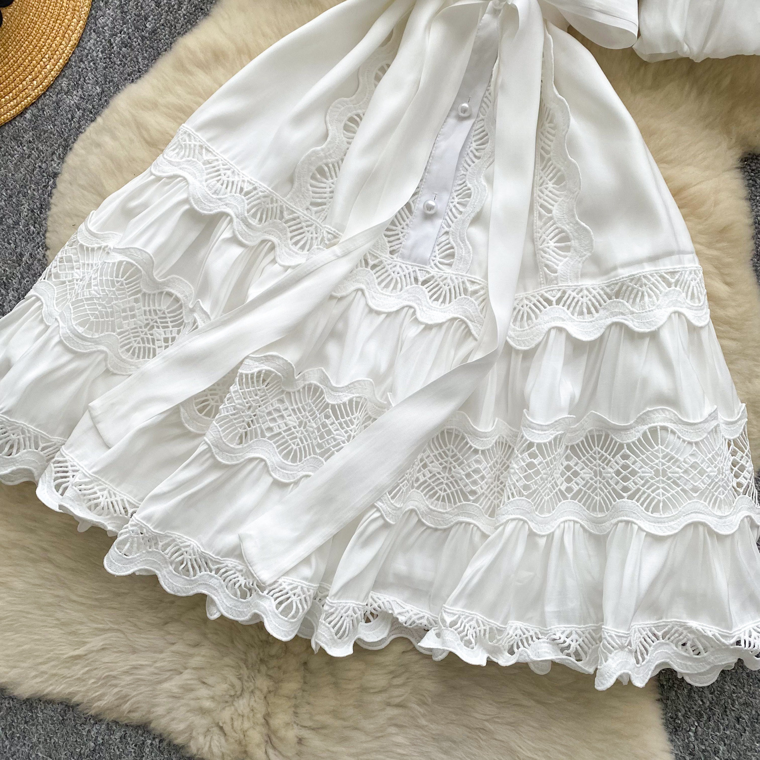 Women's Clothing Retro Palace Fashionable Lace Splicing Tie Waist Dress Lantern Sleeve Slim Temperament A Line Skirt_ecoleips.com