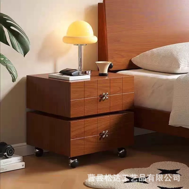 Wooden Bedside Table Antique Style Solid Wood Movable Bedroom Bedside Storage Locker with Pulleys Living Room Side Cabinet