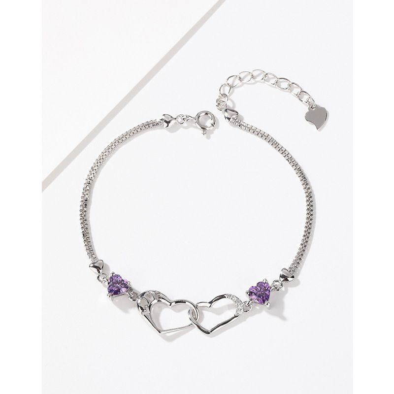 S925 plata esterlina diamante-incrustado doble amor pulsera mujer luz lujo nicho exquisito de alto grado temperamento todo partido pulsera para novia