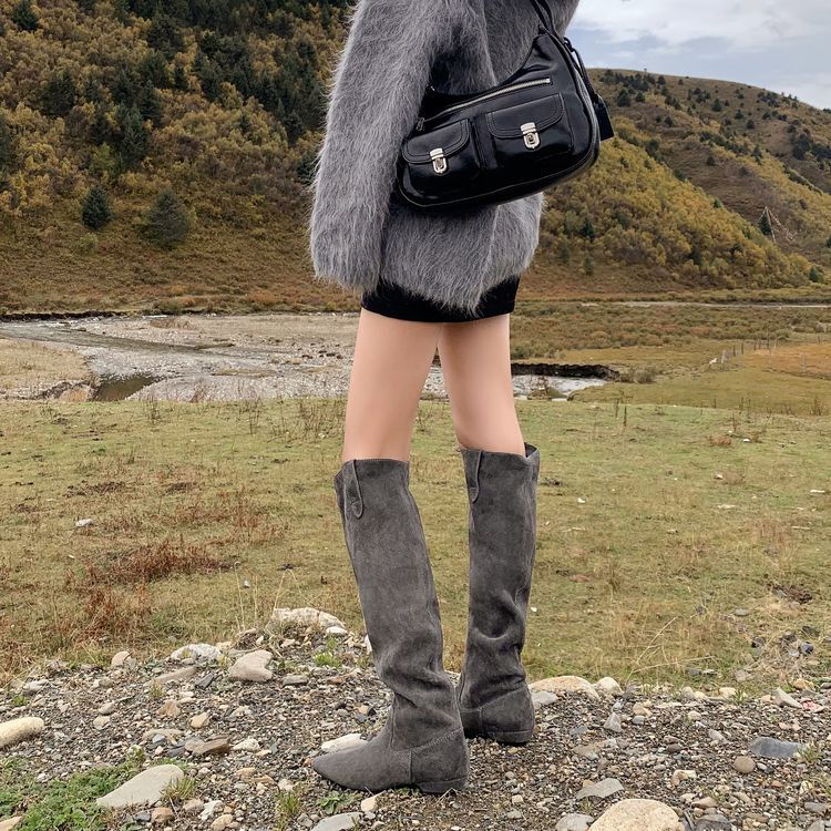 High-Gloss Cowhide French-Style Lazy Slouch Boots for Women, Knee-High Boots, Pointed Toe Flat Boots, Casual and Versatile