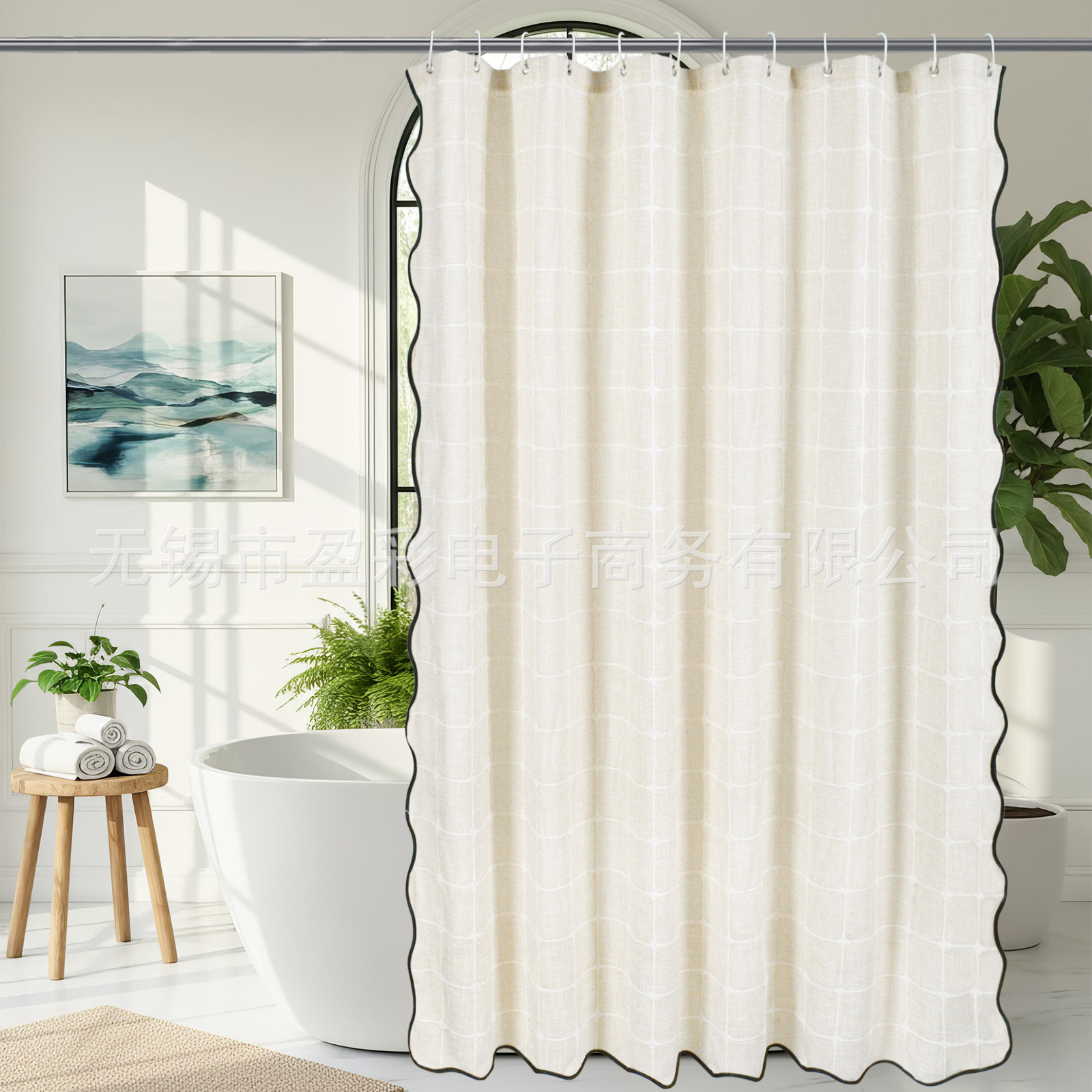 Cross-Border New Solid Color Polyester-Linen Small Checkered Black Wavy Edge Shower Curtain Bathroom Curtain Toilet Partition Curtain