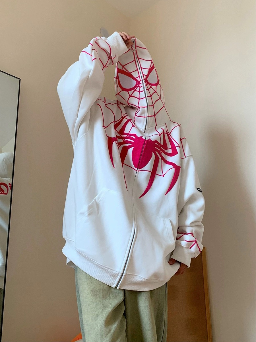 National fashion brand American street towel embroidered Spider-Man cardigan sweater women's autumn 2023 New loose zipper coat