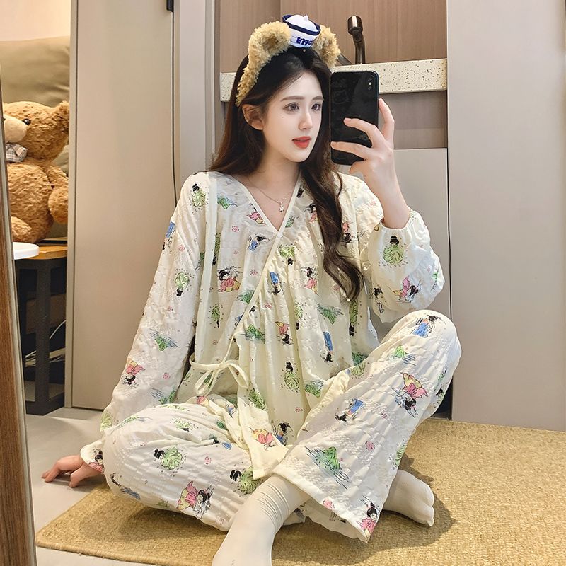 Wrinkled Cotton Gauze Postpartum Clothing Summer Thin Postpartum Pure Cotton Nursing Maternity Pajamas Spring & Fall Maternal Breastfeeding Home Clothes