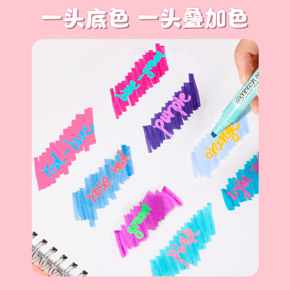 Resaltador de dos colores de dos cabezas, marcador de puntos clave de gran capacidad de 8 colores, bolígrafo de mano para estudiantes, resaltador de color superpuesto