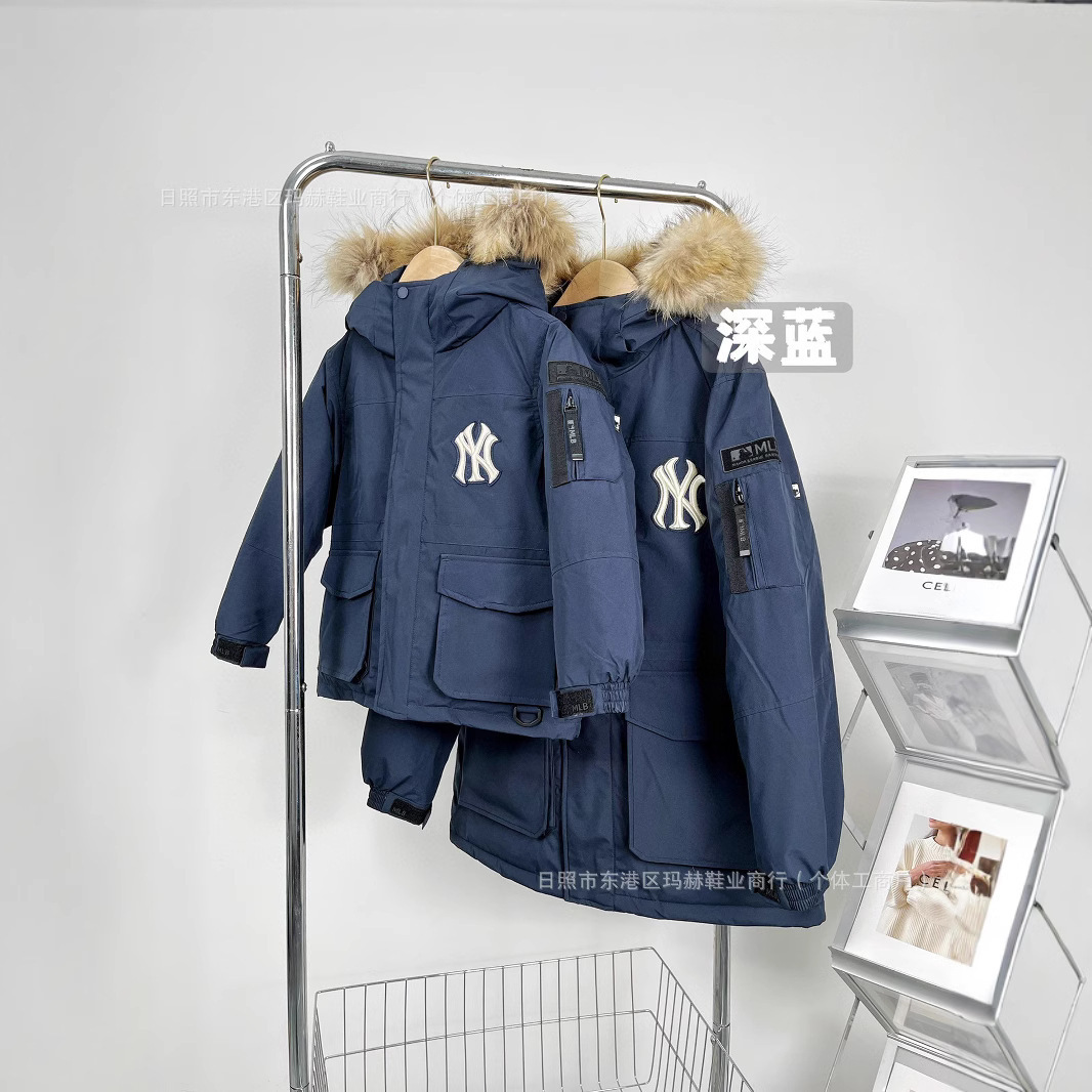 莆田纯原 MLB羽绒服洋基队工装大毛领中长款男女款白亲子派克外套