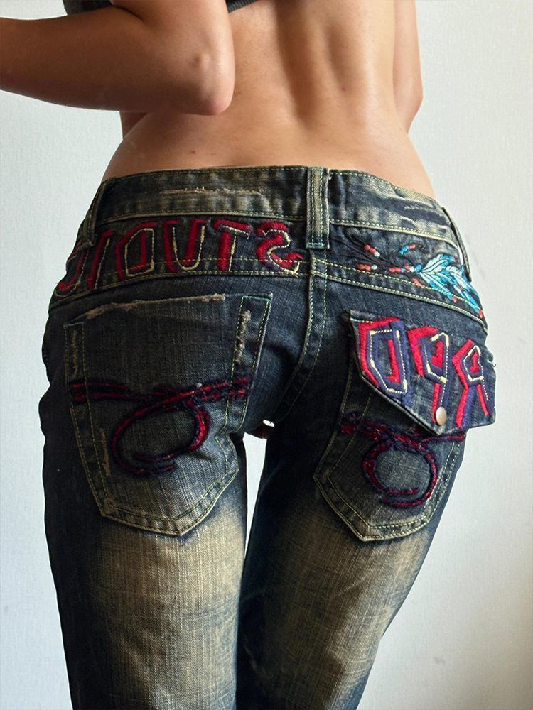 ​​Vintage Low-Rise Distressed Jeans For Women - Y2k Style With Heavy Embroidery, Baggy & Long Straight Leg Denim Pants​​_ecoleips.com