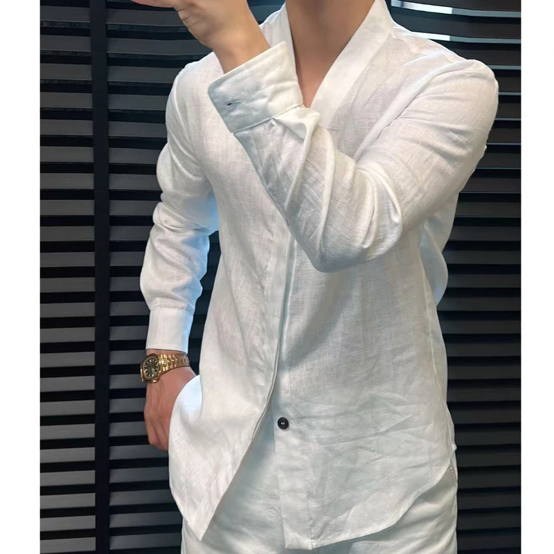 秋季纯色男士新款老钱风长袖衬衫帅气时尚高级简约休闲百搭衬衣|undefined