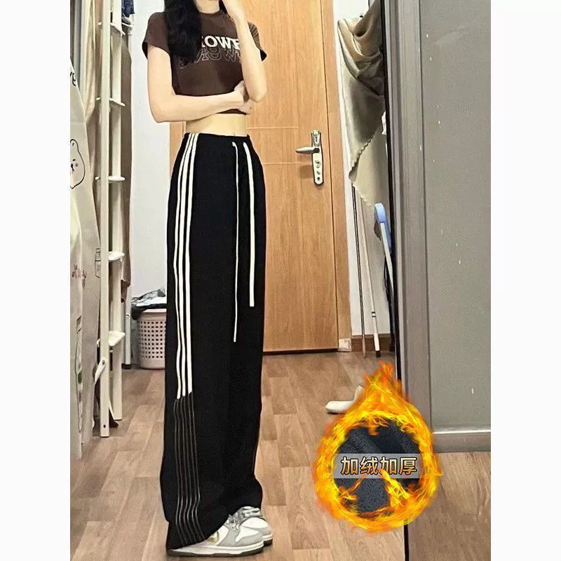 Толстые универсальные широкие брюки в стиле пэчворк на флисовой подкладке в американском стиле, утягивающие спортивные брюки с высокой талией, свободные прямые брюки длиной до пола.