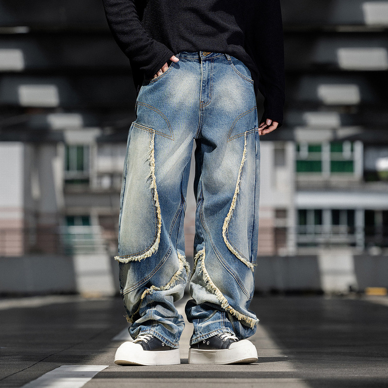 High-End Luxury Men's Loose Jeans with a Scimitar Design, Vintage Distressed Patchwork, Raw Hem Wide-Leg Pants, Vintage Blue High-End Luxury Men's Loose Jeans with a Scimitar Design, Vintage Distressed Patchwork, Raw Hem Wide-Leg Pants, Vintage Blue