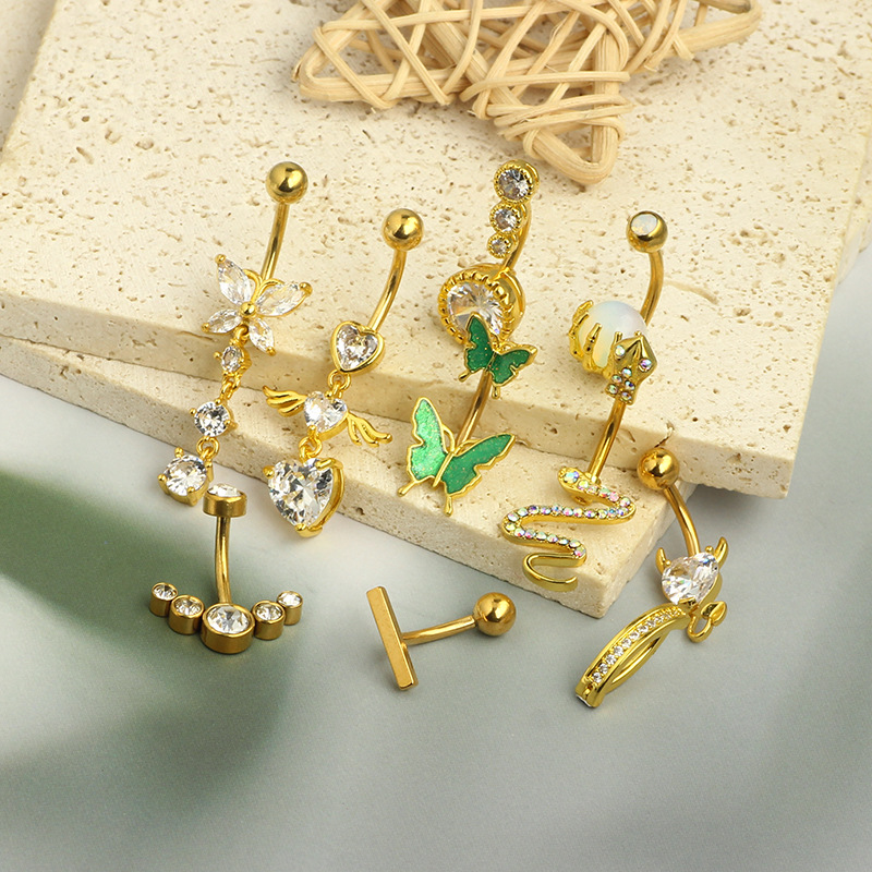 Amazon New Inlaid Zircon Love Belly Button Ring Butterfly Inverted Belly Button Nail Snake Belly Button Ring Piercing Jewelry 10 Pieces detail image 10