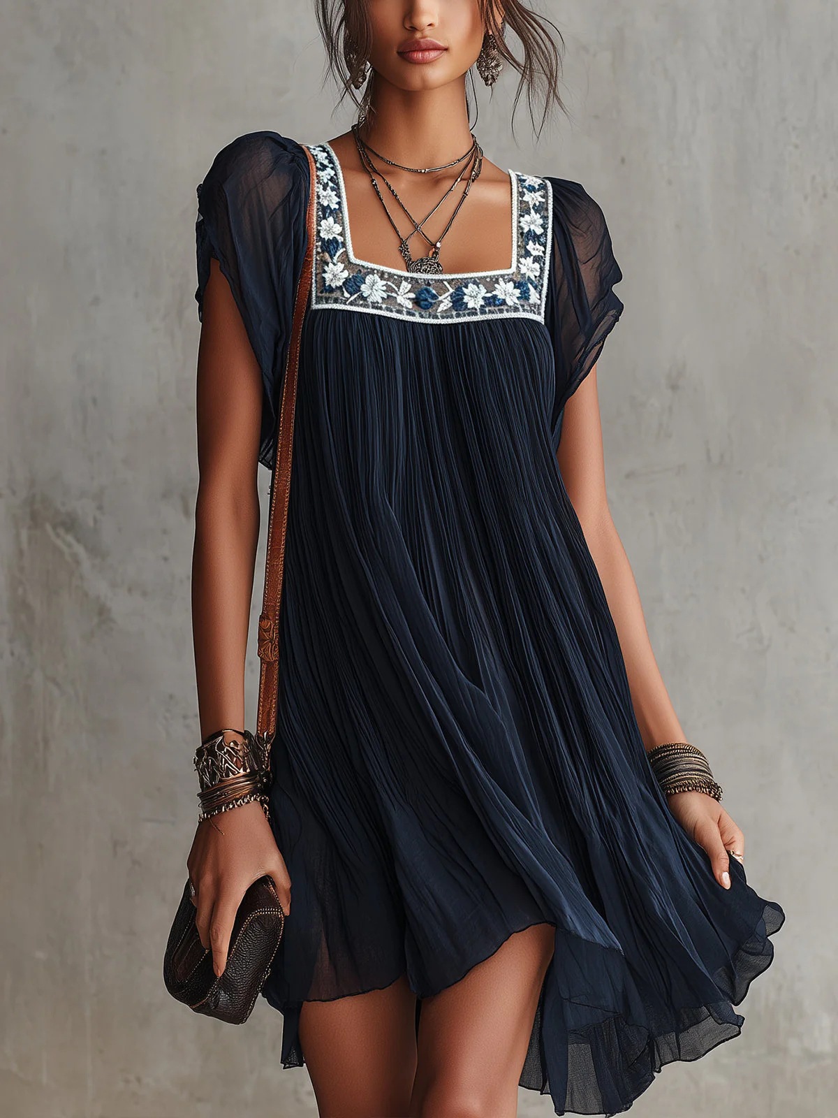 Navy Blue Square-Necked Short Dress with Colorful Floral Embroidery, Small Flutter Sleeves, Pleated Loose-Fitting Flowy Bohemian Vacation Dress