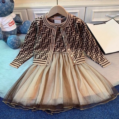 High fixed Children's clothing Autumn suit girl Cardigan brown letter knitting sweater coat Mosaic Gauze skirt goods in stock