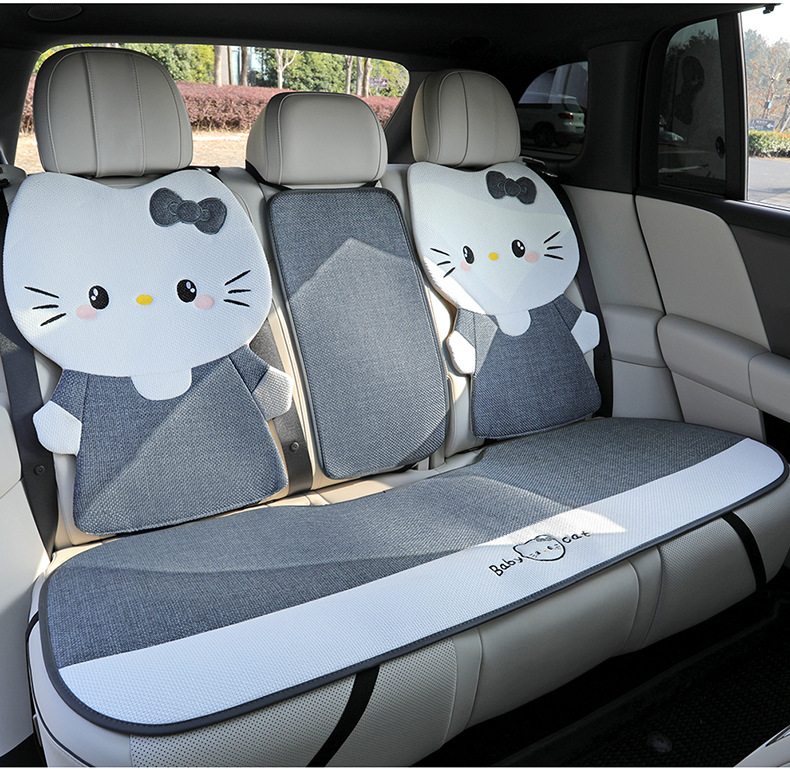 26 new linen car seat cushions, suitable for all seasons, breathable for summer, cute cartoon KT cat design for women, rear seat covers