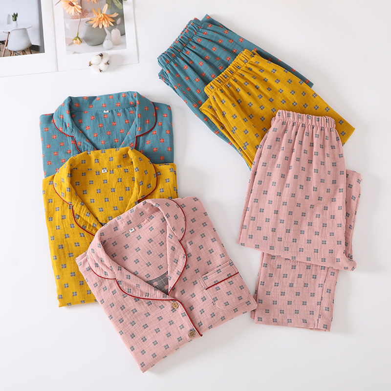 Nuevo algodón puro de doble capa de hilo pijamas ropa para el hogar pantalones de manga larga de las mujeres algodón jacquard transpirable suave ropa para el hogar traje