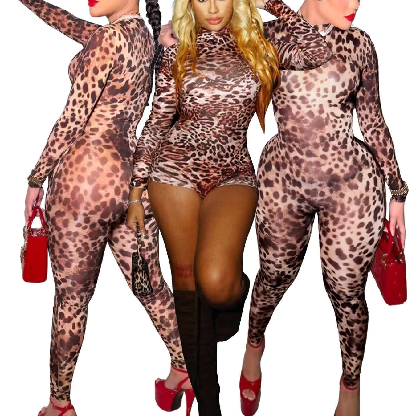 Hr25013 European and American Fashion Women's Clothing Cross-Border New Sexy Leopard Print Pants Shorts Zipper Printed Jumpsuit