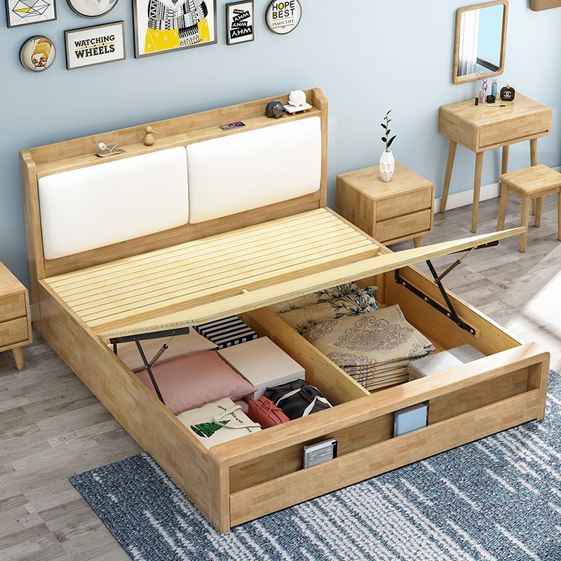 Cama nórdica de madera maciza simple cama de almacenamiento moderna cama individual multifuncional Luz de lujo doble dormitorio principal habitación de alquiler cama blanda
