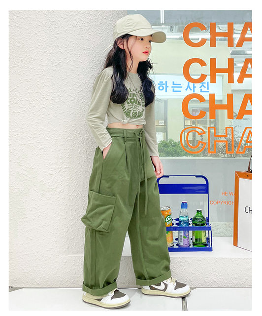 Spring And Autumn New Girl's Retro Army Green Cargo Pants High Waist  Showing Thin Loose Sports Casual Wide Leg Trousers 6-14 Y - AliExpress