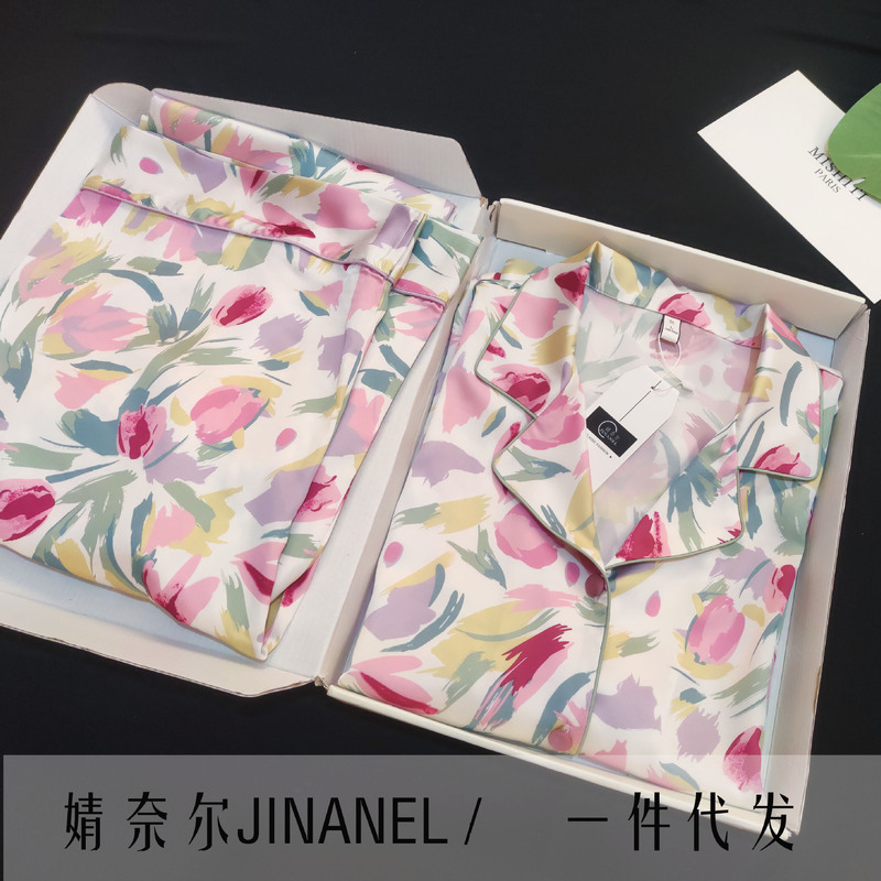 2025 Ice Silk Pajamas Women's High-End Thin Printed Large Size Tulip Internet Celebrity Simulated Silk Home Clothes Wholesale 2025 Ice Silk Pajamas Women's High-End Thin Printed Large Size Tulip Internet Celebrity Simulated Silk Home Clothes Wholesale