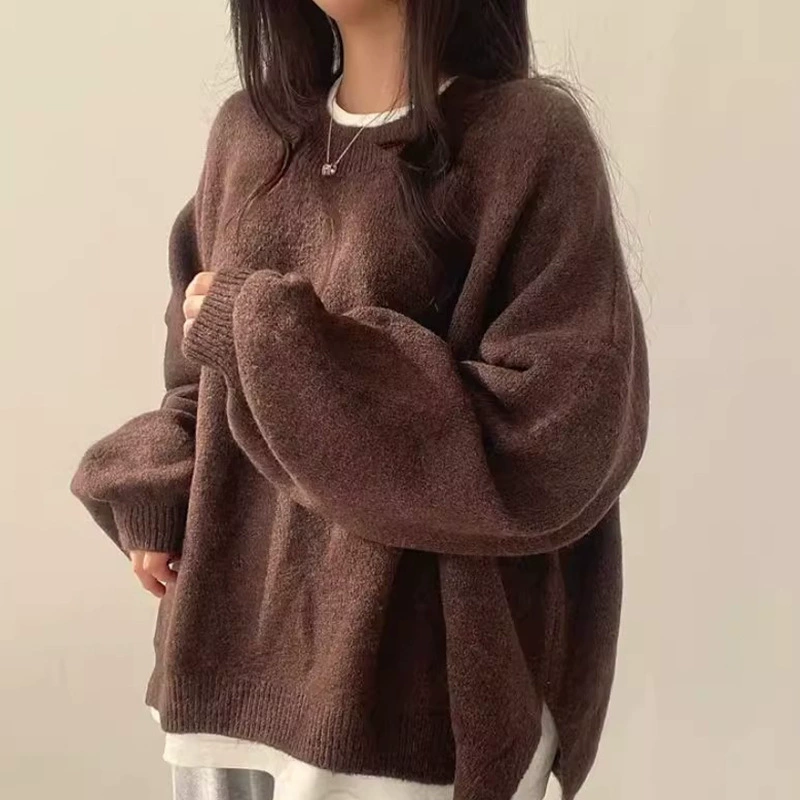 Пуловер женский oversize вязаный, демисезон с длинным рукавом, корейский и французский стиль воротника-круглый