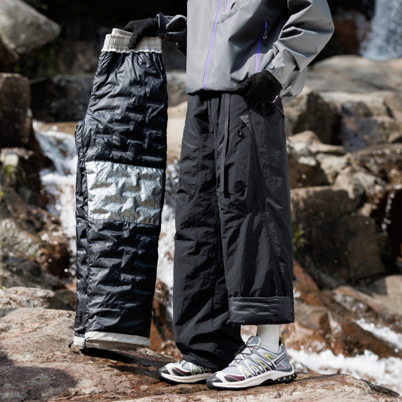 Men's down-filled outdoor work pants, Teflon-coated, waterproof, graphene-coated, thickened, heat-generating, warm.