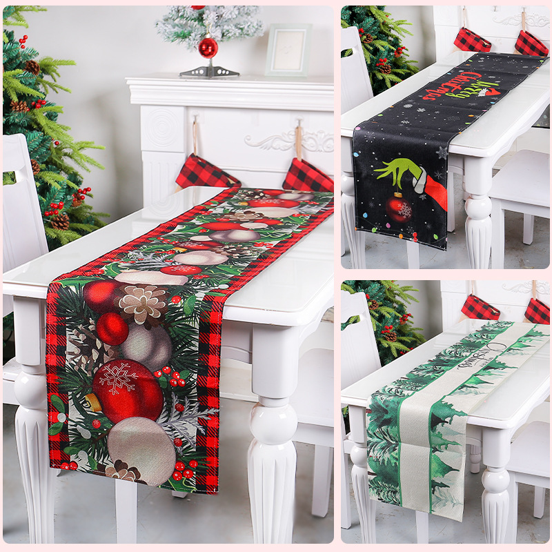 Camino de Mesa Navideño con Diseño de Lino, Estilo Hong Kong Love 2025, Mantel Clásico con Bolas Navideñas para Sala de Estar y Cocina, Decoración Navideña