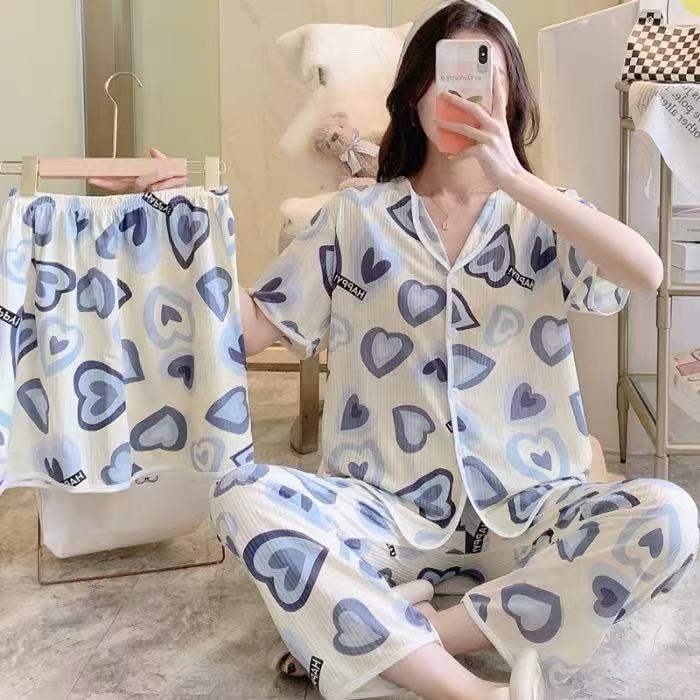 Explosión de tres piezas Cardigan pijama de mujer de verano de mangas cortas pantalones largos delgados se pueden usar dibujos animados dulce conjunto de ropa para el hogar