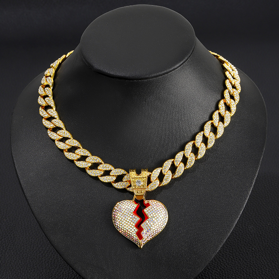 Diamond Broken Heart Necklace With Pink Crystals For Unisex_voghion.com