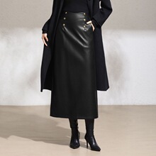 正品牌高腰绵羊皮半身裙女时髦包臀一步开衩皮裙中长款显瘦气质裙