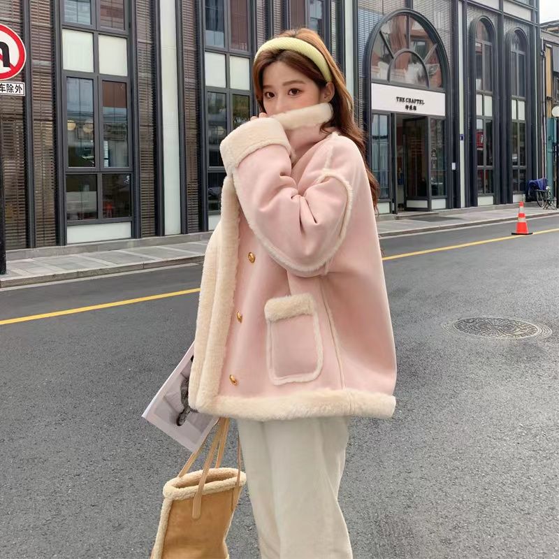 Lamb Wool Outwear for Women 2026 Autumn New Korean Style Loose Imitation Suede Fur One-Piece Fleece-Lined Thickeneded Motorcycle Jacket