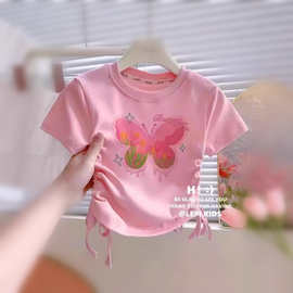 童装批发女童短袖夏季26新款儿童彩色蝴蝶结印花t恤抽绳短款上衣