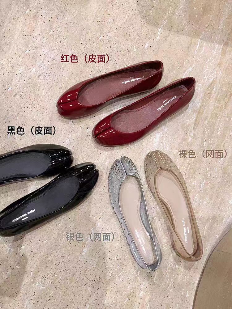 Nuevo estilo de verano 2025 ~ Rhinestone de malla con un pie, zapatos individuales de punta dividida de fondo plano, zapatos de manitas de cerdo para mujer