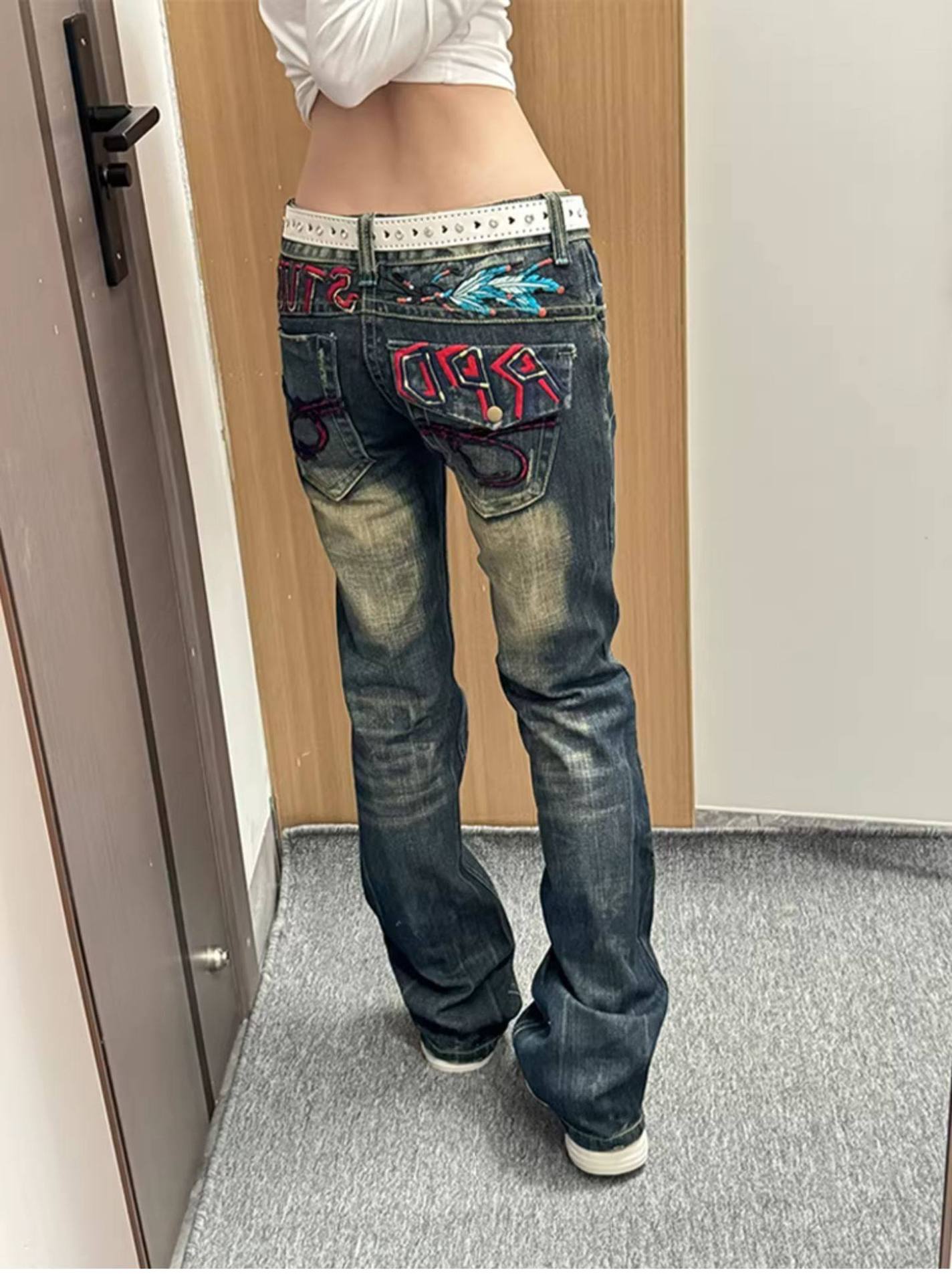 Y2k Vintage Low-Rise Distressed Jeans For Women - Baggy Straight Leg Denim Pants With Heavy Embroidery, Grunge Aesthetic_ecoleips.com