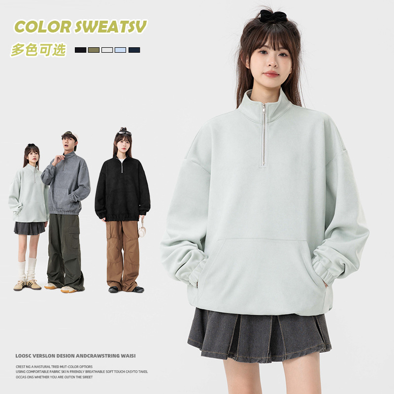 Cross-Border Export Ready-Made Environmentally Friendly Suede Polo Collar Sweatshirt Men's Autum Trendy American Half-Zip Top Jacket Cross-Border Export Ready-Made Environmentally Friendly Suede Polo Collar Sweatshirt Men's Autum Trendy American Half-Zip Top Jacket