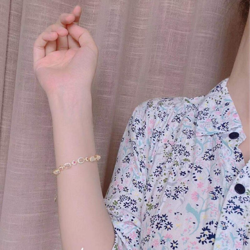 小众复古天然粉碧玺白玉髓好运手链手环铜镀金 少女款礼物送女孩|undefined