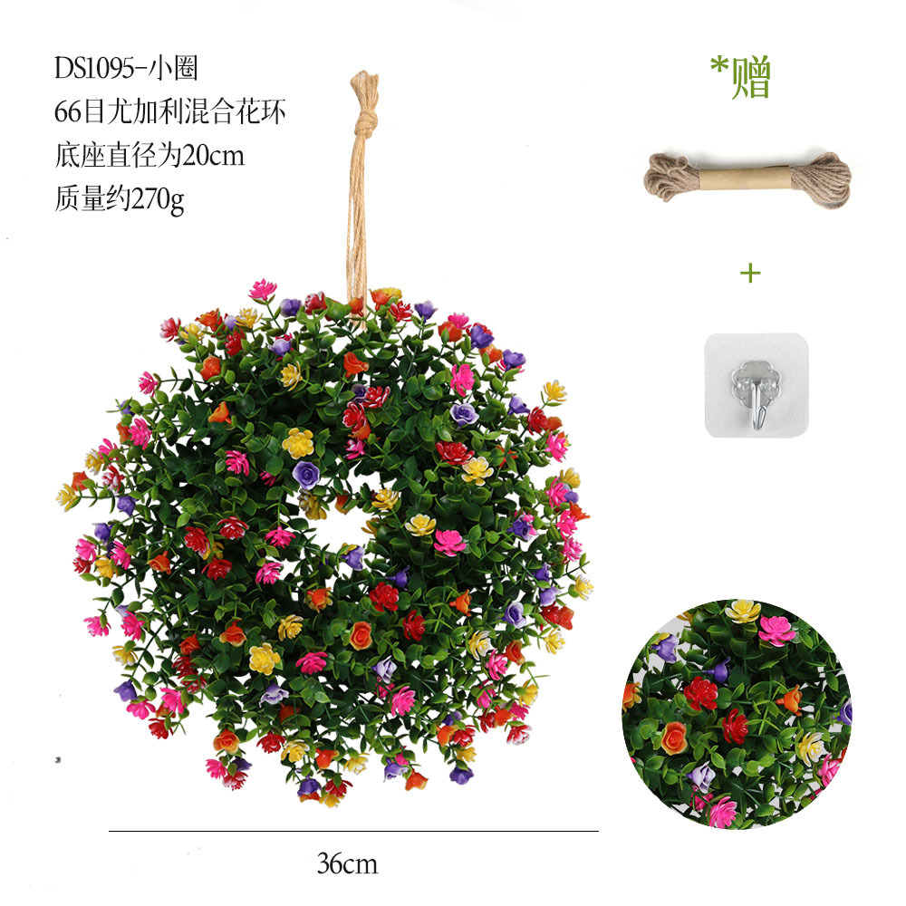 Pequeña corona de bienvenida de eucalipto y camelia, decoración para el hogar de Amazon, planta artificial de plástico, corona artificial
