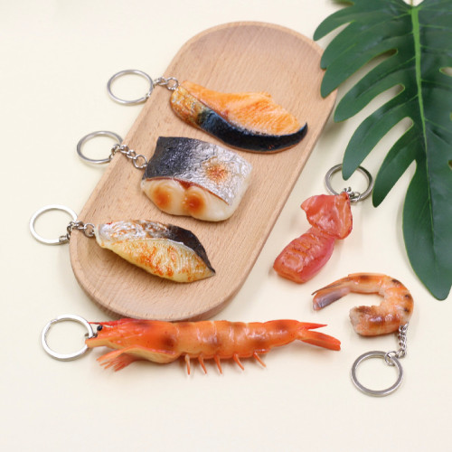Interesting simulated food PVC grilled fish fillet large shrimp key ring buckle food squid bag pendant gift
