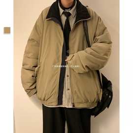 拼色翻领棉服男款冬季外套加厚保暖宽松男女情侣日系复古工装棉衣