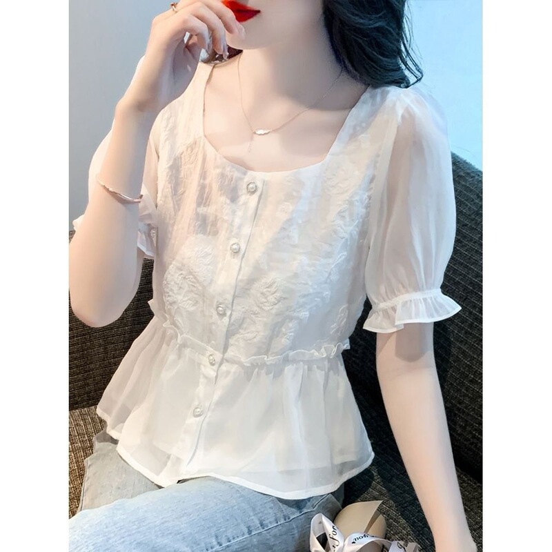 French-Style Short-Sleeve Chiffon Shirt for Women, Summer 2026 New Model, Youthful and Stylish, Waist-Cinching Blouse, Slimming Top French-Style Short-Sleeve Chiffon Shirt for Women, Summer 2026 New Model, Youthful and Stylish, Waist-Cinching Blouse, Slimming Top