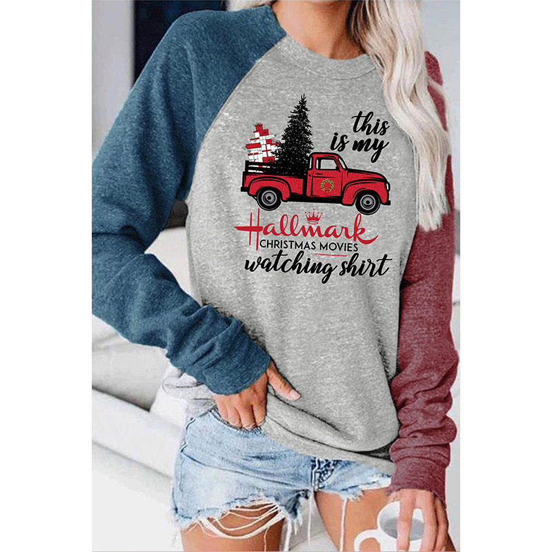Women round Neck Stitching Long Sleeve T-shirt Women Christmas Series Printed Top in Tops & Tees
