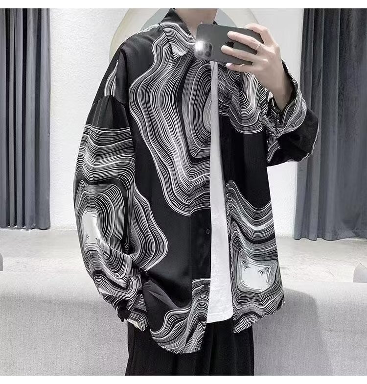 Spring Abstract Pattern Design Shirt for Men Korean Style Loose Casual Hairstylist Handsome Long-Sleeved Printed Shirt Trendy