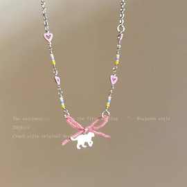 创意白猫粉色爱心蝴蝶结项链女辣妹甜酷风可爱百搭配饰设计锁骨链