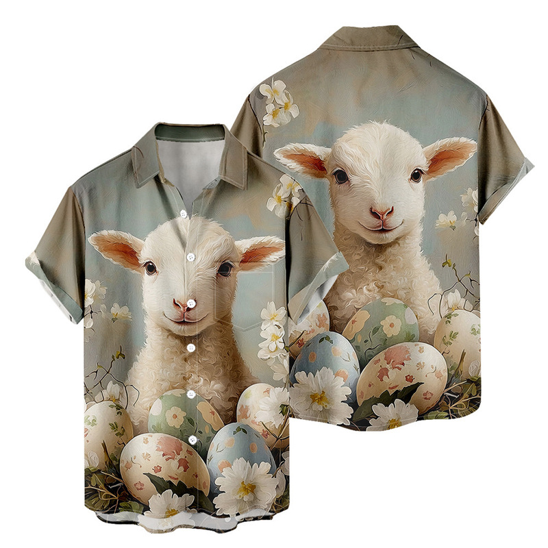 2025 New Cross Border plus size Shirt Easter Print Men's Loose Trendy Short Sleeve Lel Shirt