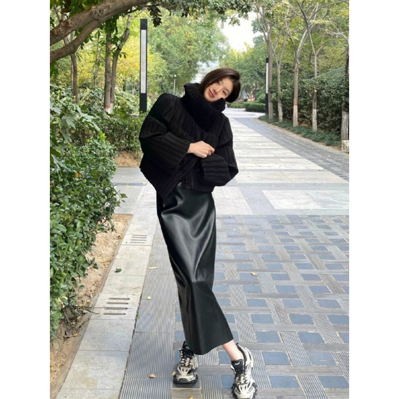 秋季黑色长款后开叉半身皮裙中长款高腰直筒裙复古职业一步长裙