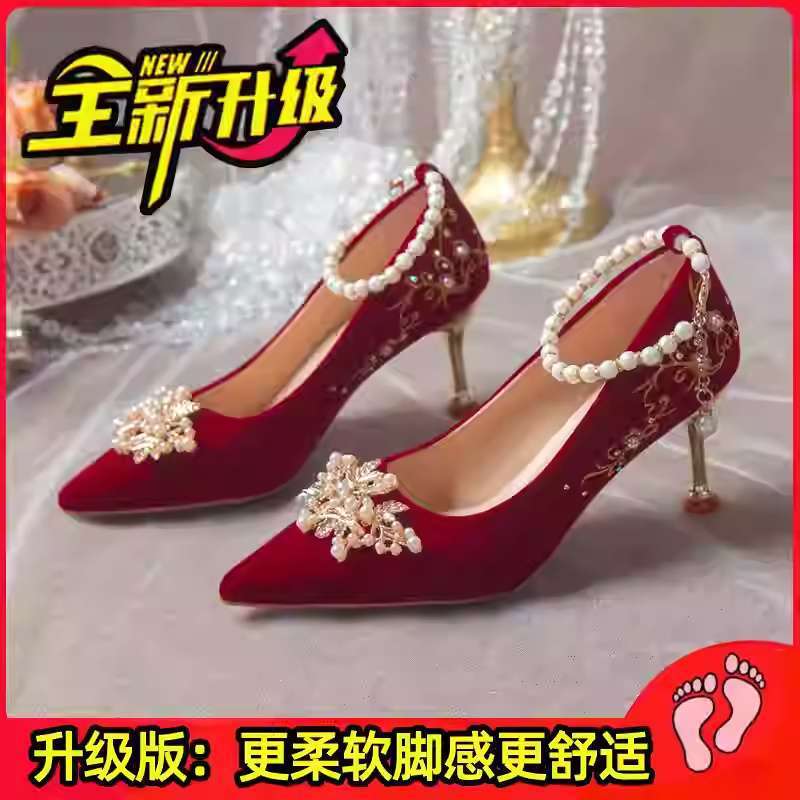 婚鞋女2025年春秋新款粗跟不累脚高跟鞋结婚孕妇红色新娘鞋秀禾鞋|undefined