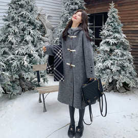 灰色牛角扣双面羊毛大衣毛呢子外套女秋冬2025新款韩系学院中长款