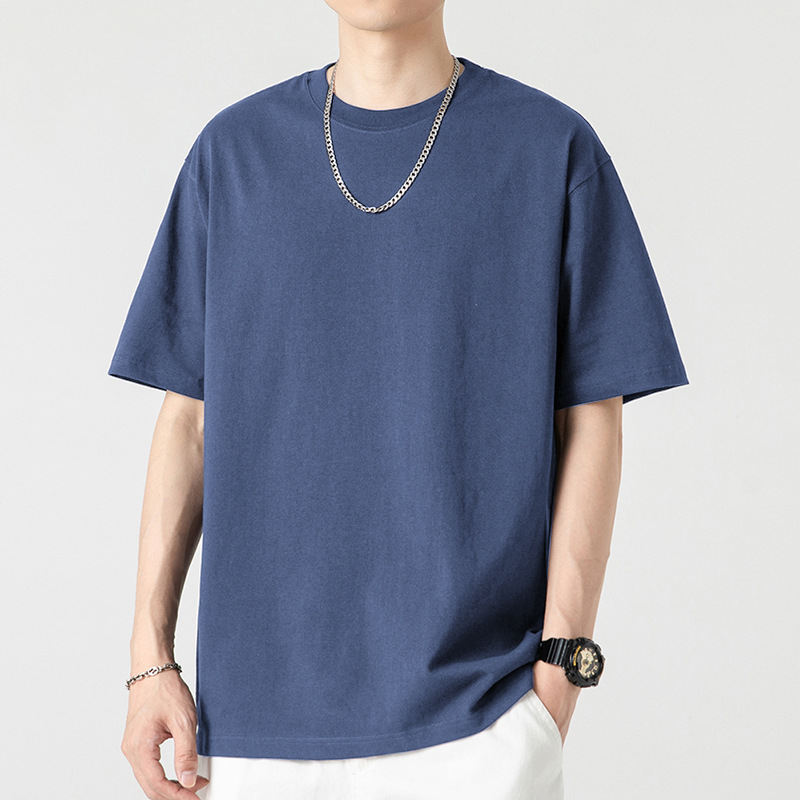 그레이 블루 - 솔리드 컬러 반소매 - 면 100%