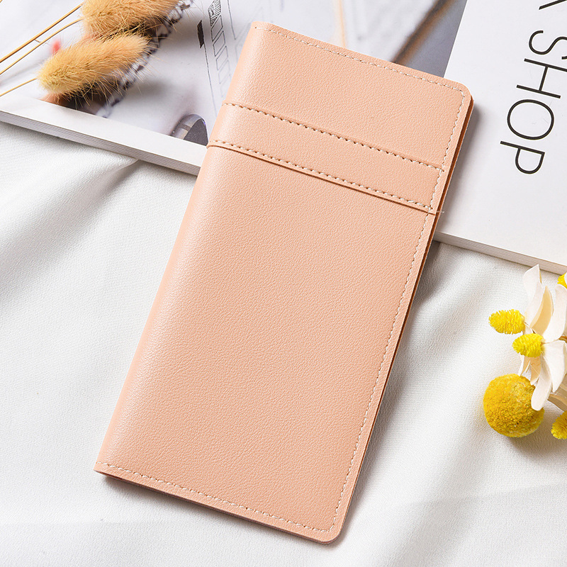 Cartera larga de color liso con diseño de patchwork para mujer, bolso de mano ligero con cierre, tarjetero con múltiples ranuras para tarjetas, cartera de cuero versátil y moderna.