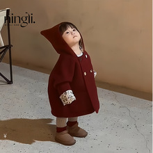 柠里童装女童红色圣诞节精灵帽呢大衣秋冬洋气儿童新年服毛呢外套