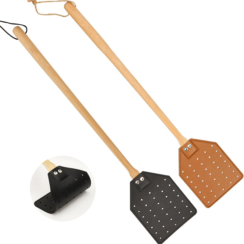 亚马逊现货榉木苍蝇拍家用长柄皮革蚊子拍户外便携灭蚊拍驱虫拍子